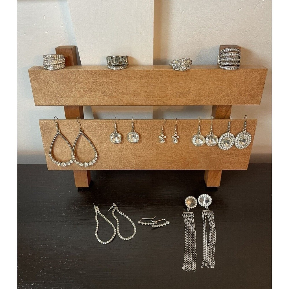 Assortment Costume Jewelry Lot Of 12 Rhinestones Earrings and Adjustable Rings